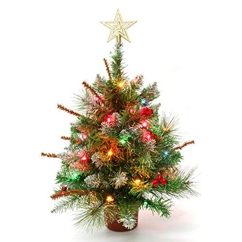 Mini Small Little Tabletop Prelit Christmas Tree 22 Inch Decorated With Ornaments 35 Multi-Colored Lights Artificial Green Tree Casa Clausi #TOP1
