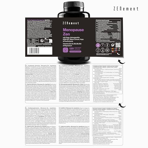 Wechseljahre-Formel Tag & Nacht – 11 Aktive Inhaltsstoffe: Salbei, Ashwagandha KSM-66, Hopfen, Pinie, Traubensilberkerze, Vitamine D3 K2 B6 B9 B12 & Magnesium – 120 Kapseln, Sojafrei – Menopause Zen