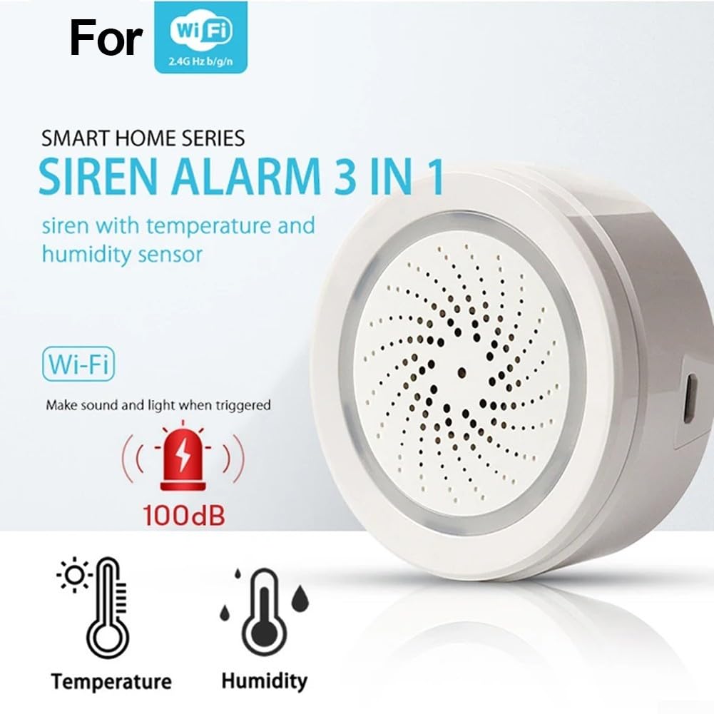 per Tuya Allarme Sirena WiFi, Suono Intelligente e Luce, Sirena di Allarme WiFi 100dB con Sensore di Umidità Temperatura Luce Stroboscopica