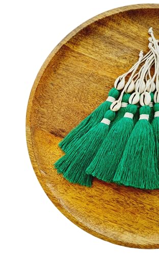 Image of Zippy Flora Handmade Cotton Tassels with Cowrie Shells for DIY & Crafts Project, Pack of 10 (Dark Green)