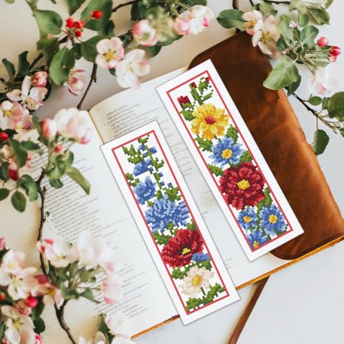 Image of BEUNITONE 6 Pcs Flowers Cross Stitch Bookmark Kit for Adults Beginners Vivid Floral DIY Stamped Embroidery Bookmark Punch Needle Kit with Instructions for Book Lovers Reader Writer Gift 8''x2.4''