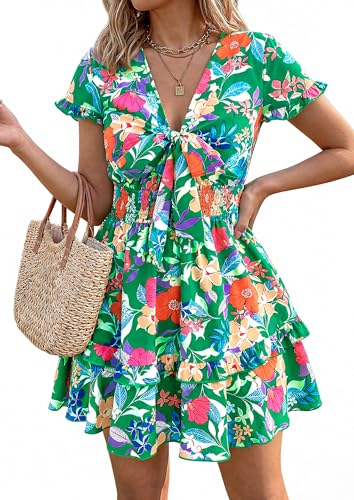 PRETTYGARDEN Women Summer Short Dress 2026 Casual V Neck Short Sleeve Tiered Bow Mini Sun Dresses Beach Vacation Sundress (Floral Green Orange,X-Large) — view 4
