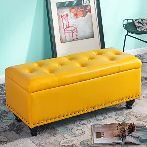 Banc de rangement en cuir jaune capitonné haut de gamme avec pieds en bois massif