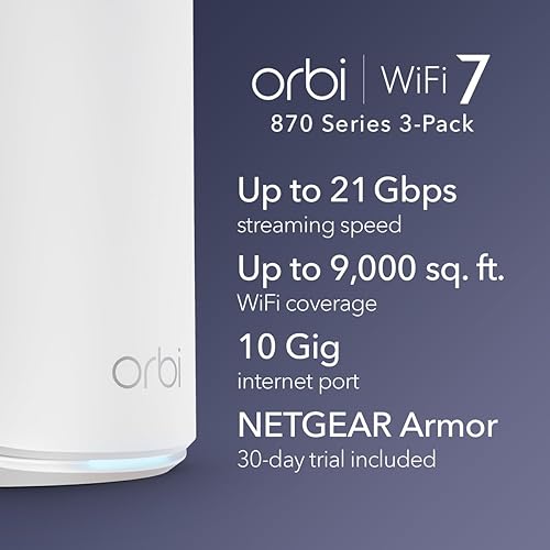 Miniatura 2 de NETGEAR Orbi 870 Series Tri-Band WiFi 7 Mesh System (RBE873) - Router + 2 extensores satelitales, características de seguridad, hasta 21 Gbps, cubre