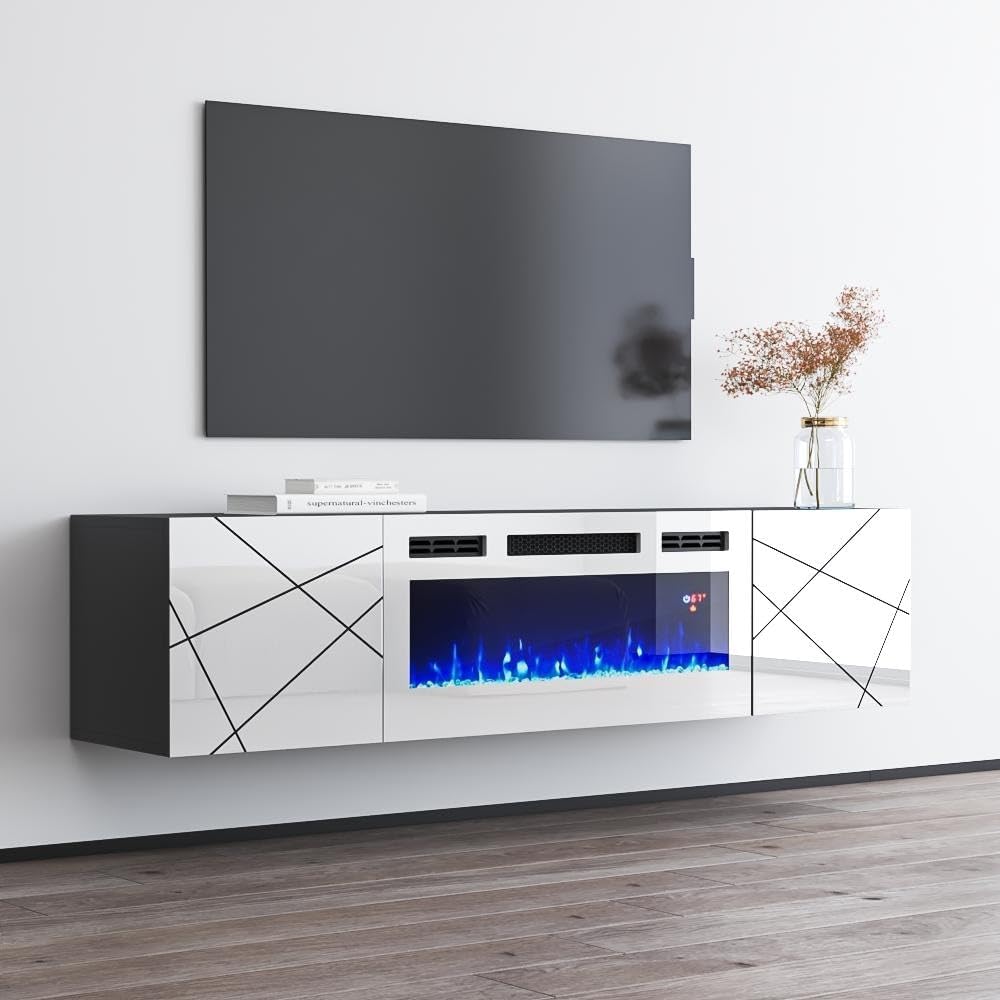 Meble Furniture London WH-EF Electric Fireplace TV Stand — Storage Cabinets — Modern Media Console, Fits TVs up to 70", 59.8" W x 16.5" D x 25.6" H — Gray/White