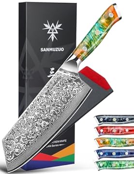 SANMUZUO Coltello Nakiri Professionale - Coltello da Cucina 19 cm, Coltello da Chef Acciaio Damasco da 67 Strati- Impugnatura Ergonomica Resina - Xuan Series(Fantasia Arancione)