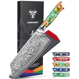 Coltello Nakiri Professionale – Coltello da Cucina 19 cm, Coltello da Chef Acciaio Damasco da 67 Strati- Impugnatura Ergonomica Resina – Xuan Series(Fantasia Arancione)