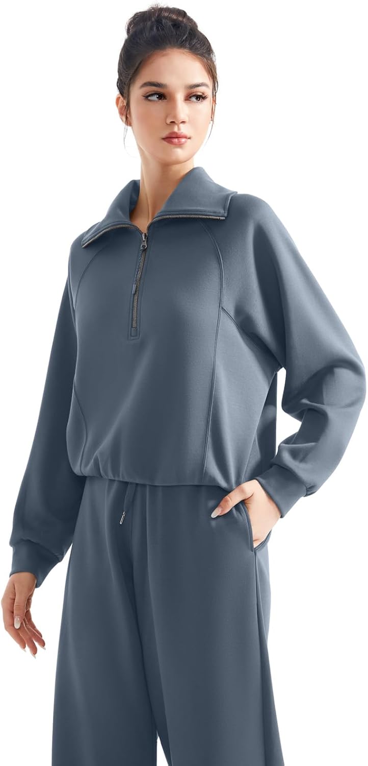 SUUKSESS Women 2 Piece Lounge Matching Set Wide Leg Sweatpant Half Zip Sweatshirt - Image 2