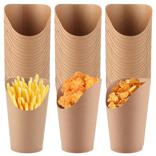 FWEEK Barquette Frite 12oz, Cornet Frite et Bubble Waffle, 100 Pièces Cornets Papier Kraft pour Popcorn et Cornet de Glace, Résistants à l'Huile et à l'Eau, Base Épaissie