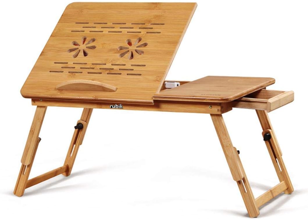 Rubik Wooden Laptop Table with Two USB Cooling Fan and Side Drawer Foldable Adjustable Portable