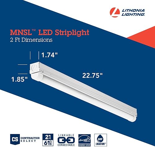 Miniatura 5 de Lithonia Lighting Tira de luz LED de 1 luz, accesorio de iluminación de techo LED de 2 pies, 1250 lúmenes, 4000K, 80CRI, 11W, uso de cocina y garaje