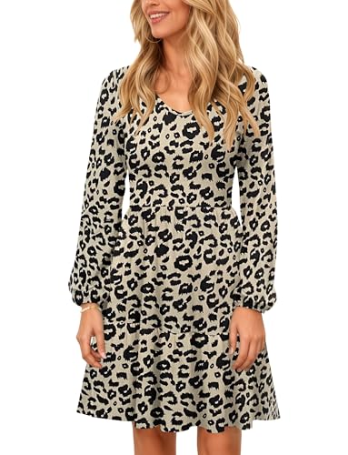 PLOKNRD Damen Langarm Kleid V-Ausschnitt Freizeitkleid mit Taschen Elegant Schichten Design Kleider Midi Herbst Winter Leopardenmuster M