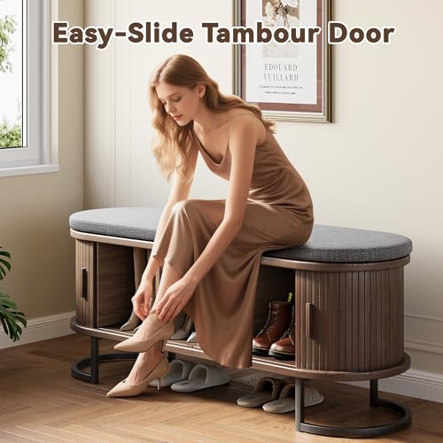 Decofy Storage Bench with Cushion and Sliding Doors, 47.2 Inch Large Entryway Shoe Bench with Sturdy Metal Feet, Multi-Functional for Entrance Hall, Bedroom, Living Room (Walnut)