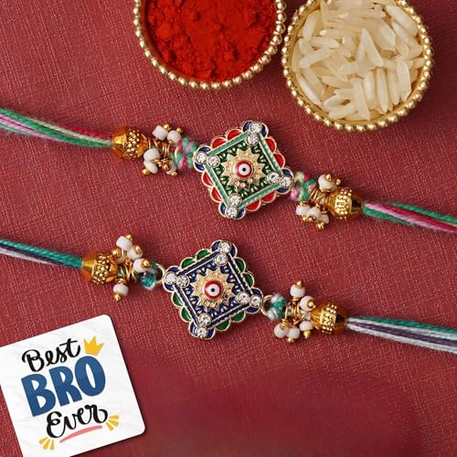 Image of eCraftIndia Set of 2 Beads Pearls Evil Eye Designer Rakhis for Brothers with Best Bro Ever Fridge Magnet and Roli Chawal Pack