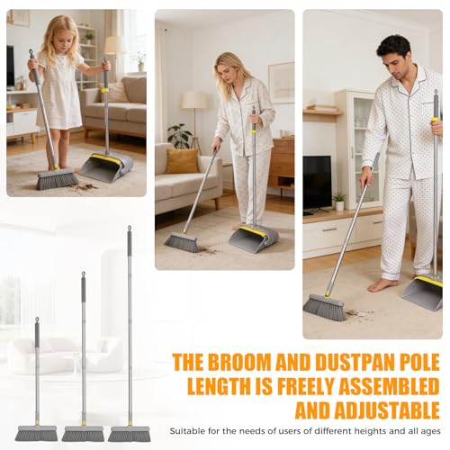 Image of Upgrade Broom and Dustpan Set 180 Rotatable Head with 61 inch Extra Long Adjustable Handle Self-Cleaning Dustpan Teeth&Zero Gap Indoor Outdoor Sweeping for Home Kitchen Office Pet Hair-Gray&Yellow
