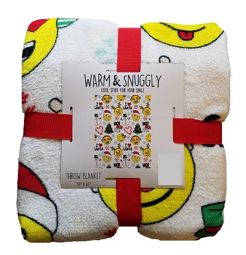 Warm and Snuggly Emoji Christmas Super Soft Fleece Throw Blanket 50x60 with emoji sowman candy canes trees. White.