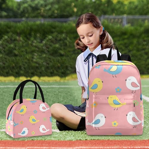 Kids Bag Set, Cute Birds Pink Waterproof Picnic Backpack, Backpacks for Girls Set 7