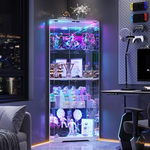 FREDEES 164cm Glasvitrine Stehend Eckvitrine, Vitrinenschrank mit RGB-Beleuchtung für Sammlerstücke, 4-Etagen LED Glas Eck-Kuriositätenschränke für Sammlerstücke/Spielzeug/Bücher, Weiß FREDEES 164cm Glasvitrine Stehend Eckvitrine, Vitrinenschrank mit RGB-Beleuchtung für Sammlerstücke, 4-Etagen LED Glas Eck-Kuriositätenschränke für Sammlerstücke/Spielzeug/Bücher, Weiß
