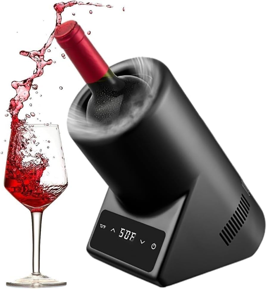 Elektryczna chłodziarka do wina, stal nierdzewna, do czerwonego i białego wina o pojemności 750 ml, utrzymuje wino w zimnie przez 24 godziny–na imprezy, wydarzenia i spotkania (Black)