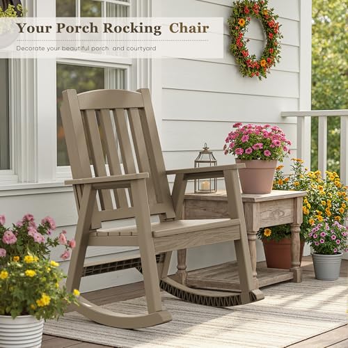 Greesum Outdoor Rocking Chair, All-Weather Patio Rocker, Rust-Proof & UV-Resistant, Seat for Deck, Porch, Lawn, or Garden, Light Coffee - Thumbnail 2
