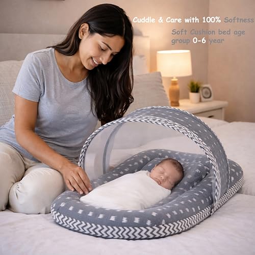Image of Fareto Combo of Baby Bed with Net | Carry Bag | 4 Pcs Bedding Set (0-6 Months, Baby Size, Cotton) (Grey Crown)