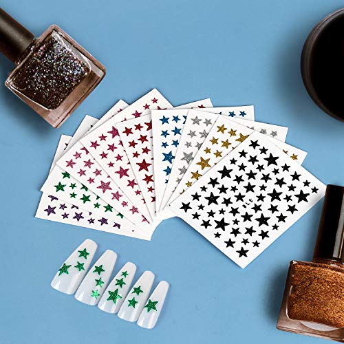 Pagow 18 Sheets Glitter Star Nail Art Sticker , Sparkly Face Body Decals Self Adhesive Manicure Embellishment, Holographic Cute Fingernail Christmas Decoration Diy Crafts Trims Gift For Women Girls -9 Colors #TOP6