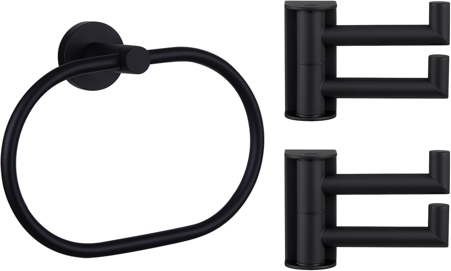 APLusee Matte Black Solid Stainless Steel Oval Towel Ring for Bathroom, 304 Stainless Steel 2 Pack Swivel Towel Hook Bundle, Wall Mounted