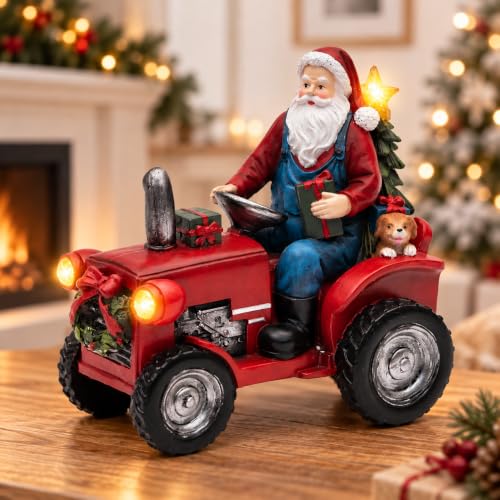 DUSVALLY Light-Up Christmas Santa Tractor Figurine with LED Lights