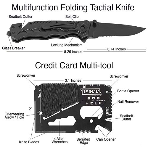Survival Gear Kit - 13-In-One Emergency Compact Bugout Gear & Tools: Knife, Paracord, Multi-Tool, Fire Starter, Saw, Tactical Pen, Whistle, Flashlight, Blanket, Black Waterproof Case & More