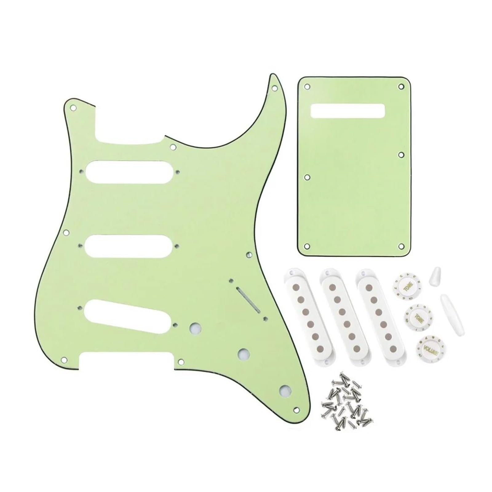maskownica do gitary Zestaw 8 otworów ST SSS do gitary Pickguard i płyta tylna z 48/50/52mm osłonami przetworników, gałkami do gitary, przełącznikami i końcówkami Whammy Bar(Mint Green 3ply)