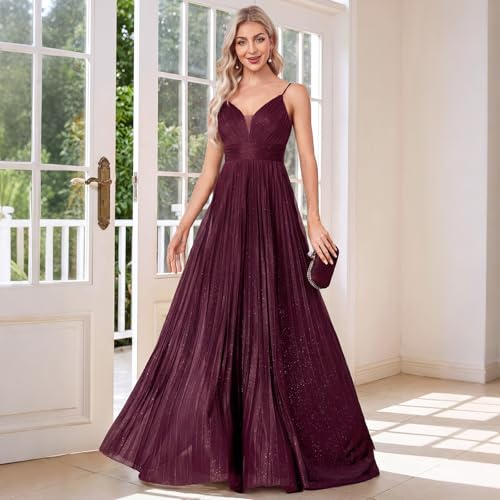 Image of Sexy Backless Maxi Formal Dress for Women with Sequin, Sleeveless Pleated Evening Gowns for Wedding and Cocktail