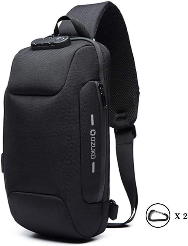 OZUKO Sling Backpack, USB Anti-Theft Men's Chest Bag with Anti-Theft Password Lock, Casual Shoulder Bag Waterproof Oxford Cloth Chest Bag (Black)
