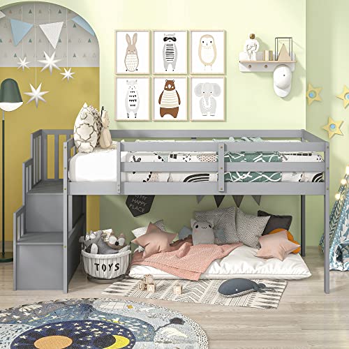 Olela Twin Loft Bed,Wooden Low Loft Bed With Stairs For Kid Junior,No Box Spring Needed,Easy To Assembly (Grey, No Slide) #TOP2