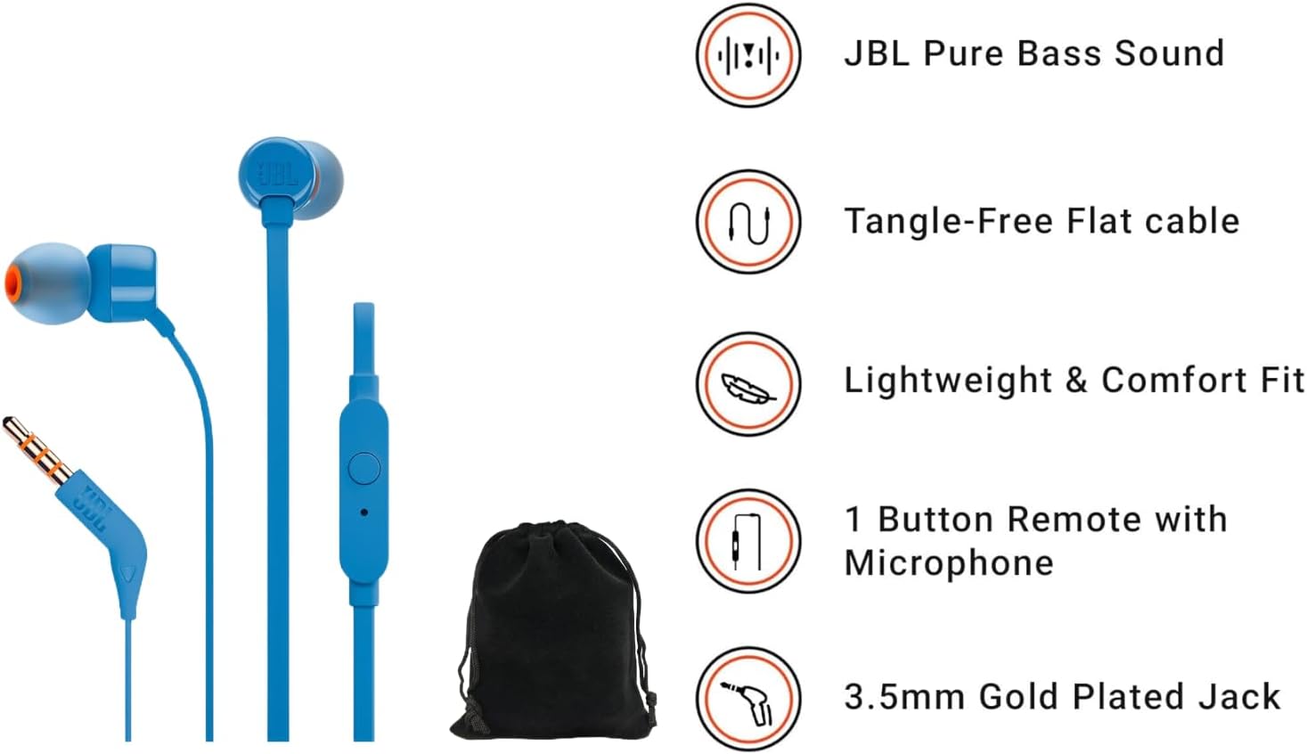 Diagram illustrating JBL Tune T160 features: Pure Bass Sound, Tangle-Free Flat Cable, Lightweight & Comfort Fit, 1 Button Remote with Microphone, 3.5mm Gold Plated Jack.