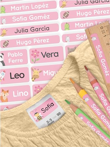 melu kids® Set de pegatinas personalizadas para ropa y objetos de niños (140, Rosa) – Etiquetas con nombre impermeables y adhesivas para material escolar y guardería