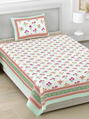 Image of DE CAMA Since 1997 | 100% Pure Cotton 300 TC Premium Single Bedsheet for Single Bed (60 x 90 Inch) with 1 Soft Pillow Cover (17 x 27 Inch) | Luxury Designer Printed Bedsheet Set - Botanical Flowers