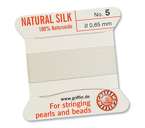 GRIFFIN 100% Natural Silk Beading Cord String Thread - White - 2 metres with one needle - Size 0.65mm