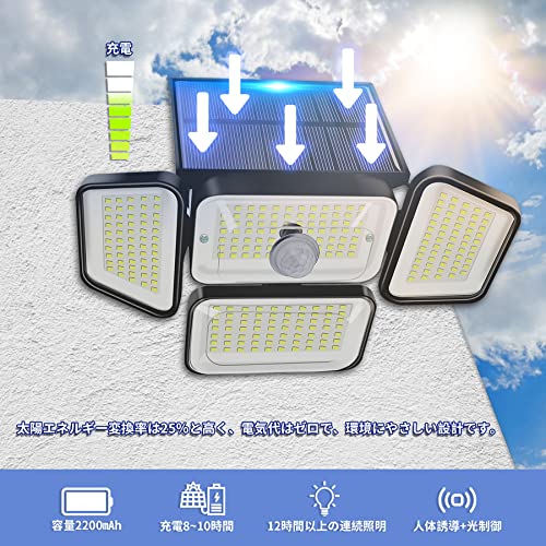 【2個入 屋外 ソーラーライト】LEDセンサーライト 人感 充電式 2個 LEDソーラーウォールライト屋外 防水 IP65 人感センサー壁灯 太陽光発電【268LED 4面発光 光束最大2400ルーメン】2200mAh大容量電池 3つ点灯モード 壁掛け式 LED防犯ライト ガレージ ライト ガーデンライト 屋外 ソーラー 人感 玄関/駐車場/車道 照明 停電/災害時に適用 自動点灯/消灯 5枚目