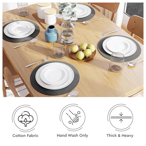 Image of Dining Table Mats Set of 4 | Cotton Table Mat 32 cm Diameter, Encasa XO Washable Round Table Mats, Heat Resistance Dining Table Placemats, Handmade Ribbed Style for Centre Table, Dark Grey