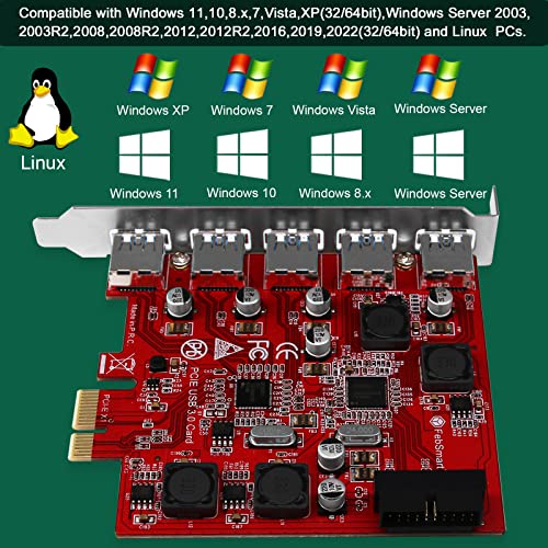image for FebSmart 7-Ports Superspeed 5Gbps USB 3.0 PCIE Expansion Card, 5-Ports