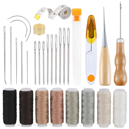 lomdung 30 Pezzi Cucire in Pelle Strumenti, Kit Attrezzi Cucitura Pelle con Punteruolo e Filo, Pelles con Filo Strumenti, con Aghi di Varie Misure, Filos da Cucito, Punteruolo Cuoio