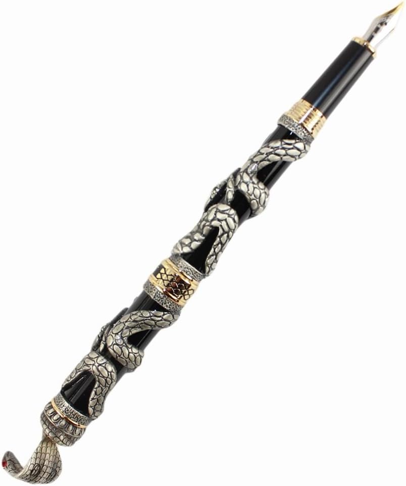 Gullor Fountain Pen Black and Antique Silver Snake 3D Pattern (silver and black)