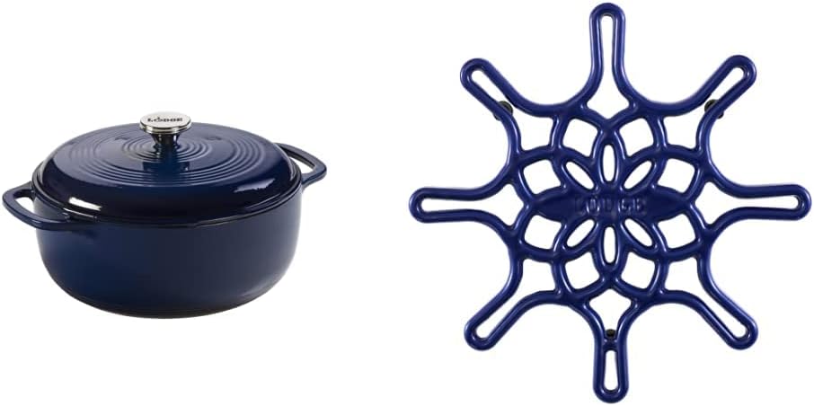 Lodge 6 Quart Enameled Cast Iron Dutch Oven with Lid + Lodge EC8ST32 Enameled Cast Iron, 8 Inch, Indigo Trivet