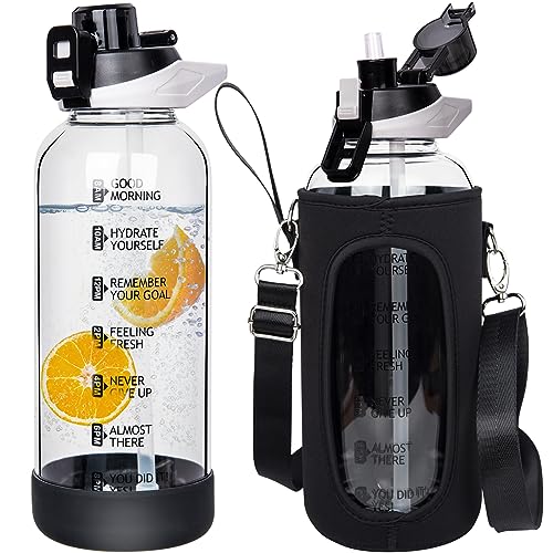 Seekua 1.5 litros grande Botella Agua Cristal 1.5l Botella Gimnasio Vidrio Deportiva con Pajita y Marca de Tiempo sin bpa