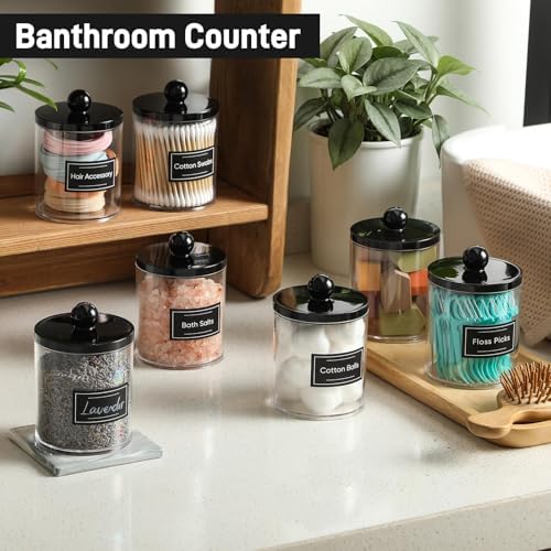 4 Pack Acrylic Qtip Holder Dispenser for Cotton Swabs, Balls, Pads, Floss - Plastic Canister Apothecary Jar Set, Bathroom Essentials Accessories Decor Vanity Makeup Storage Organizer - Clear & Black - 3