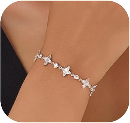 Dainty Gold Silver Bracelet for Women Trendy Non Tarnish 14K Gold Plated Cubic Zirconia Bracelet Simple Butterfly Flower Cubic Zirconia Bracelets Jewelry Gift for Women