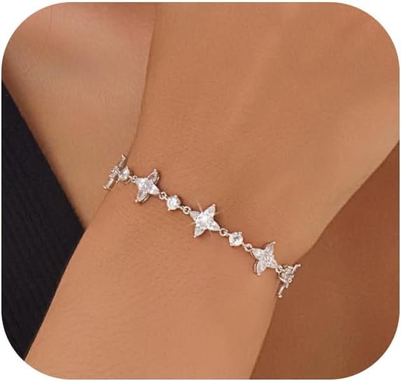 Dainty Gold Silver Bracelet for Women Trendy Non Tarnish 14K Gold Plated Cubic Zirconia Bracelet Simple Butterfly Flower Cubic Zirconia Bracelets Jewelry Gift for Women