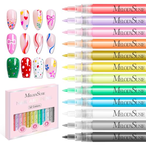 MelodySusie Juego de bolígrafos para arte de uñas, 12 colores de 0.028 in para arte de uñas, herramienta de punteo de uñas, marcad
