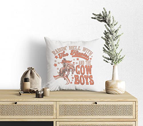 Raising Hell With The Hippies And The Cow Boys Retro Western Cowboy Rodeo Throw Pillow Cover,18"X18" Pillowcase Cushion Cover For Home Bedroom Boys Room Decor,Gifts For Teen Girls #TOP1