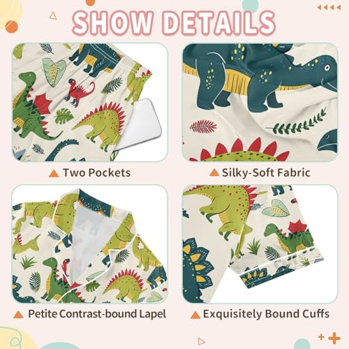 senya Dinosaur Green Satin Summer Pajama Sets Silk Short Sleeve Button Down Sleepwear3